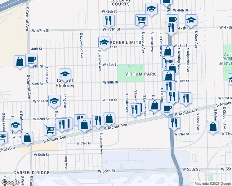 map of restaurants, bars, coffee shops, grocery stores, and more near 5036 South Leclaire Avenue in Chicago