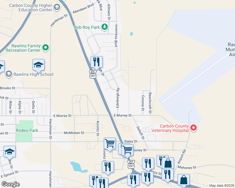 map of restaurants, bars, coffee shops, grocery stores, and more near Edinburgh Road in Rawlins