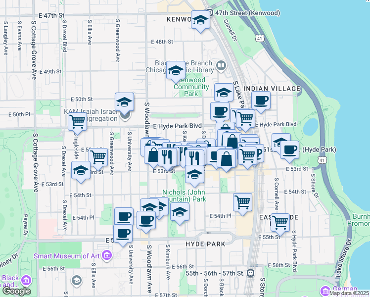 map of restaurants, bars, coffee shops, grocery stores, and more near South Kenwood Avenue & East 52nd Street in Chicago