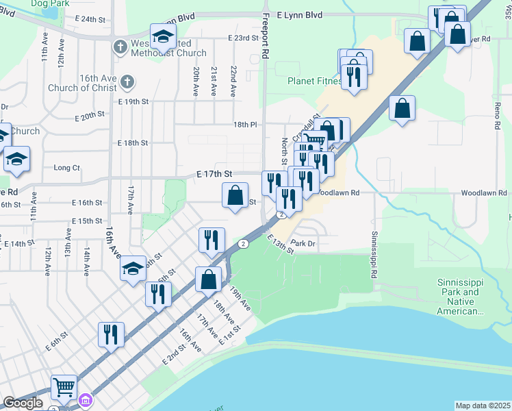 map of restaurants, bars, coffee shops, grocery stores, and more near 2207 East 7th Street in Sterling