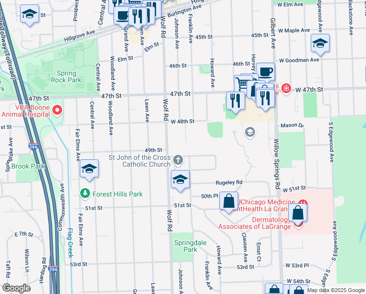 map of restaurants, bars, coffee shops, grocery stores, and more near 710 Courtland Circle in Western Springs