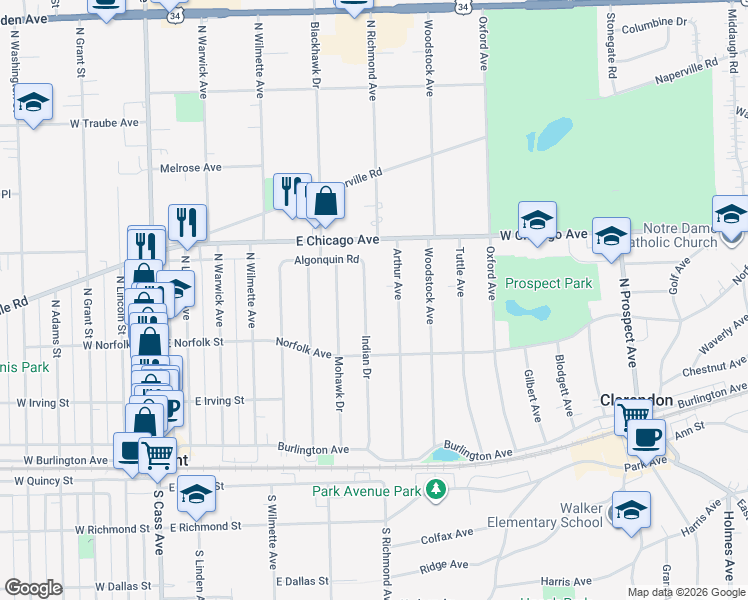 map of restaurants, bars, coffee shops, grocery stores, and more near 21 Indian Drive in Clarendon Hills