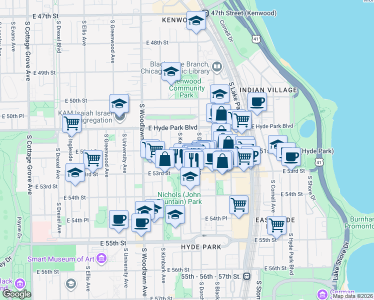map of restaurants, bars, coffee shops, grocery stores, and more near 5218 South Dorchester Avenue in Chicago