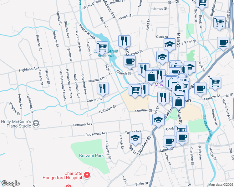 map of restaurants, bars, coffee shops, grocery stores, and more near in Torrington