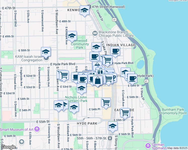 map of restaurants, bars, coffee shops, grocery stores, and more near S Blackstone Ave & E 52nd St in Chicago