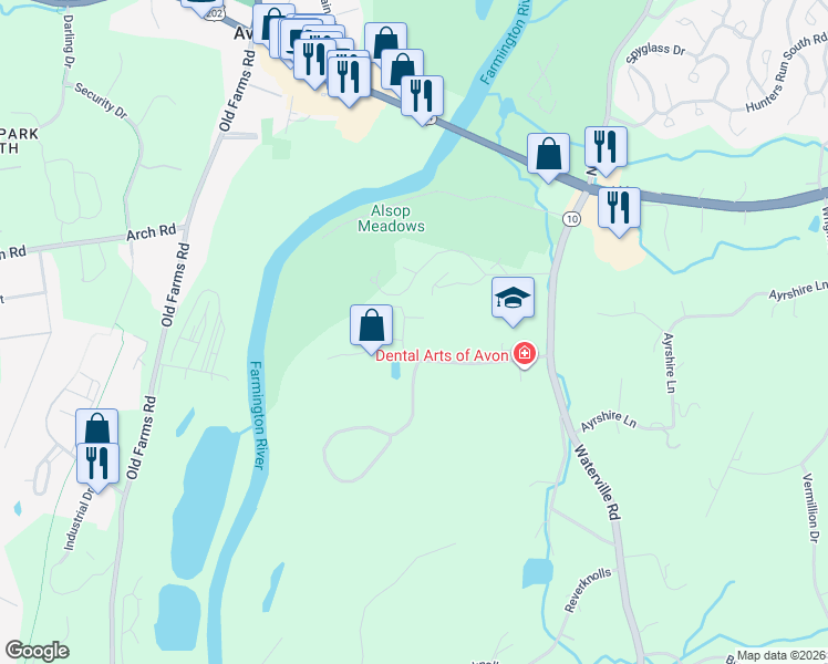 map of restaurants, bars, coffee shops, grocery stores, and more near 64 Avonwood Road in Avon