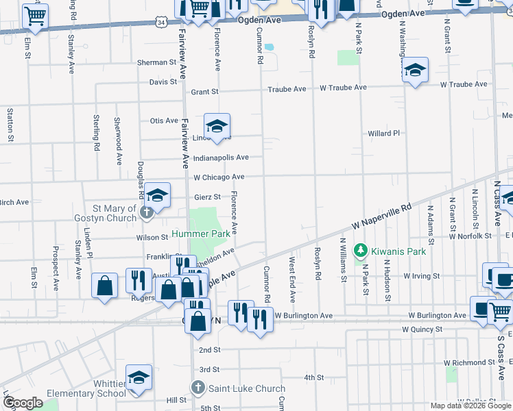 map of restaurants, bars, coffee shops, grocery stores, and more near 4805 Cumnor Road in Downers Grove