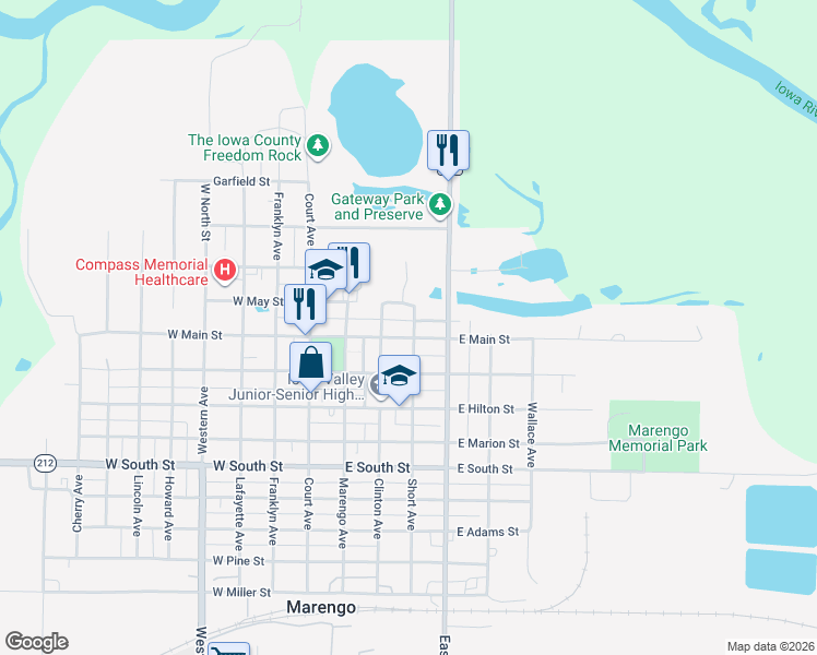 map of restaurants, bars, coffee shops, grocery stores, and more near 401-495 East Main Street in Marengo