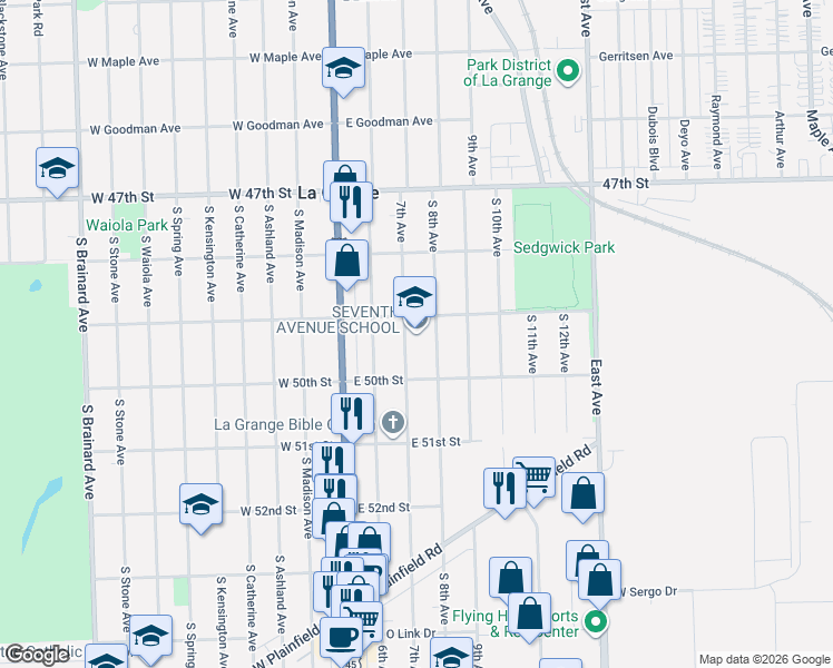 map of restaurants, bars, coffee shops, grocery stores, and more near 701 7th Avenue in La Grange