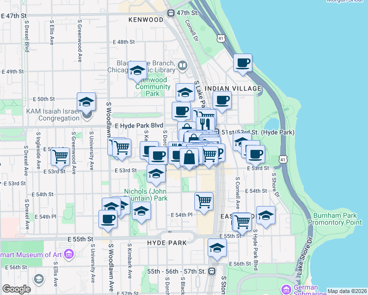map of restaurants, bars, coffee shops, grocery stores, and more near 5210s South Harper Avenue in Chicago