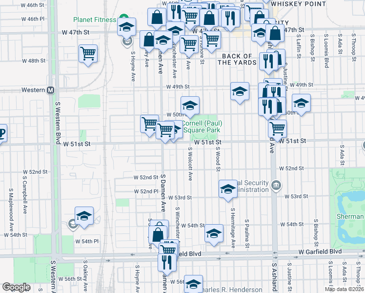 map of restaurants, bars, coffee shops, grocery stores, and more near 5127 South Wolcott Avenue in Chicago