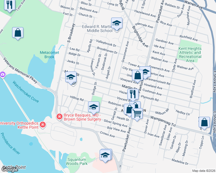 map of restaurants, bars, coffee shops, grocery stores, and more near 400 Brown Street in East Providence