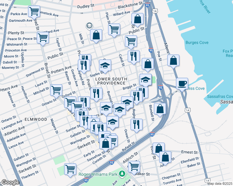 map of restaurants, bars, coffee shops, grocery stores, and more near 34 Gallup Street in Providence