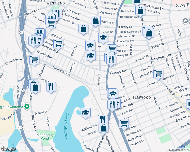 map of restaurants, bars, coffee shops, grocery stores, and more near 50 Vineyard Street in Providence