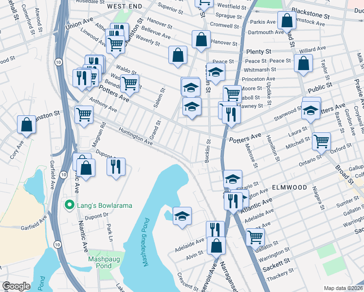 map of restaurants, bars, coffee shops, grocery stores, and more near 46 Madison Street in Providence
