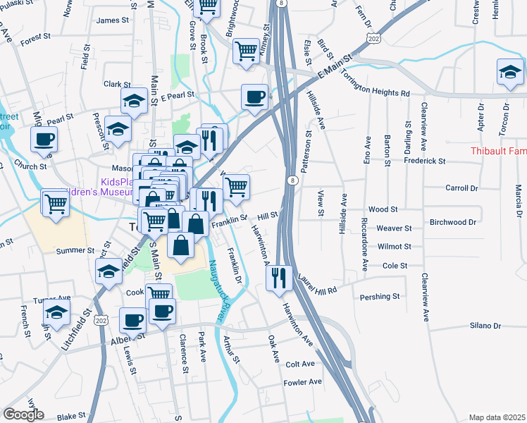 map of restaurants, bars, coffee shops, grocery stores, and more near 32 Hill Street in Torrington
