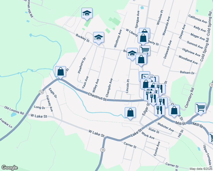 map of restaurants, bars, coffee shops, grocery stores, and more near 30 Champlin Avenue in Liberty