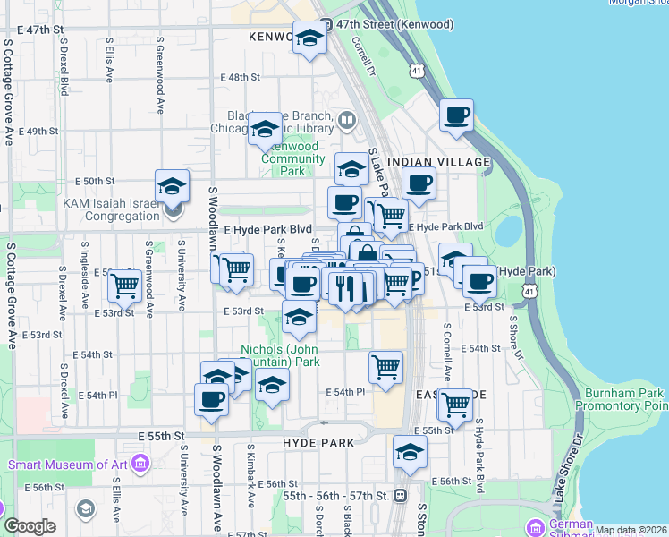 map of restaurants, bars, coffee shops, grocery stores, and more near 5210 South Blackstone Avenue in Chicago