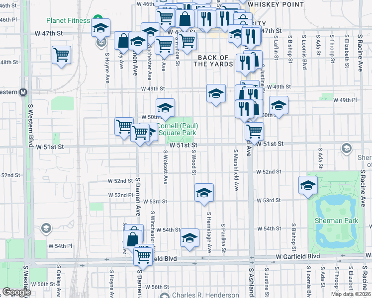 map of restaurants, bars, coffee shops, grocery stores, and more near 5125 South Honore Street in Chicago