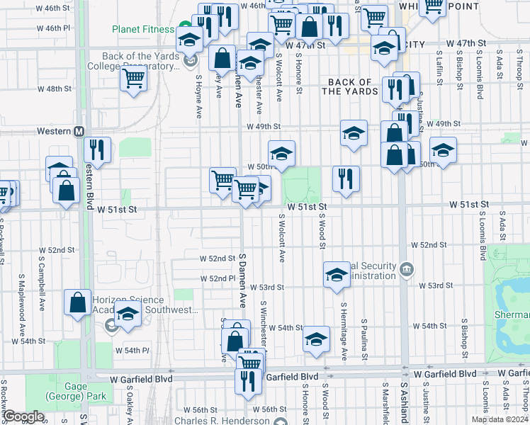 map of restaurants, bars, coffee shops, grocery stores, and more near 5122 South Winchester Avenue in Chicago