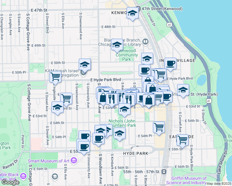 map of restaurants, bars, coffee shops, grocery stores, and more near 5210 South Kenwood Avenue in Chicago