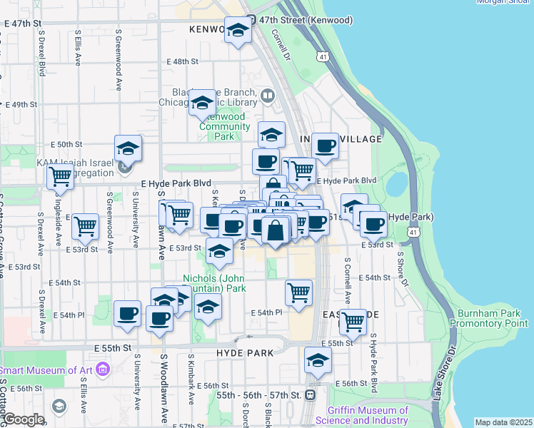map of restaurants, bars, coffee shops, grocery stores, and more near 1440 East 52nd Street in Chicago