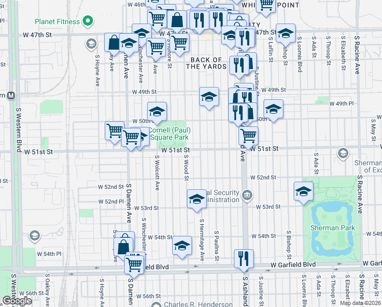 map of restaurants, bars, coffee shops, grocery stores, and more near 5126 South Hermitage Avenue in Chicago