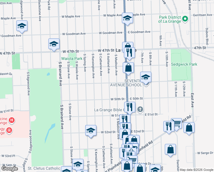 map of restaurants, bars, coffee shops, grocery stores, and more near 721 South Ashland Avenue in La Grange