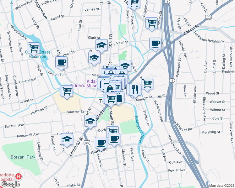 map of restaurants, bars, coffee shops, grocery stores, and more near in Torrington