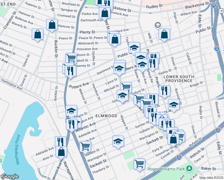 map of restaurants, bars, coffee shops, grocery stores, and more near 38 Congress Avenue in Providence