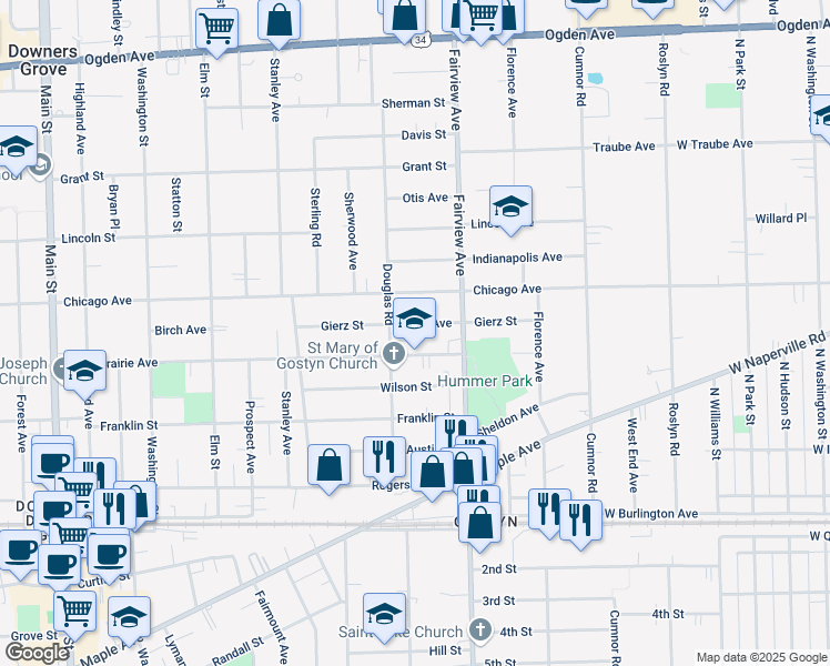 map of restaurants, bars, coffee shops, grocery stores, and more near 4737 Douglas Road in Downers Grove