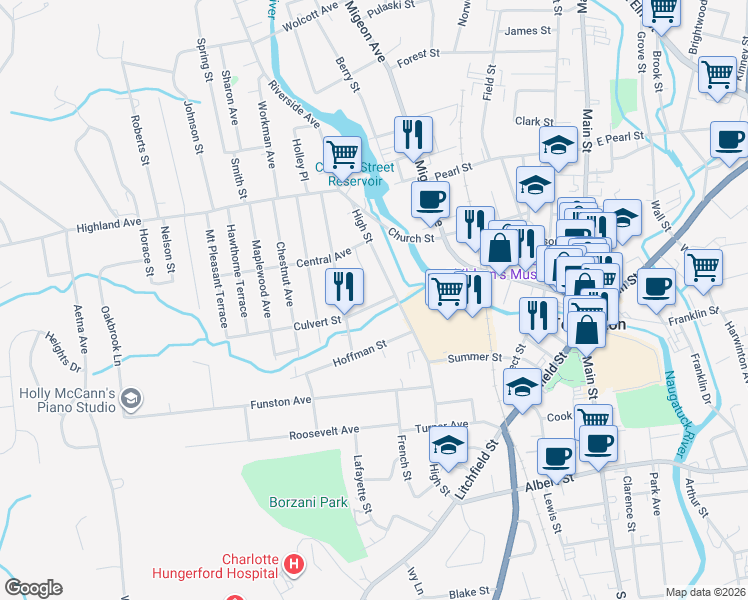 map of restaurants, bars, coffee shops, grocery stores, and more near 61 Culvert Street in Torrington