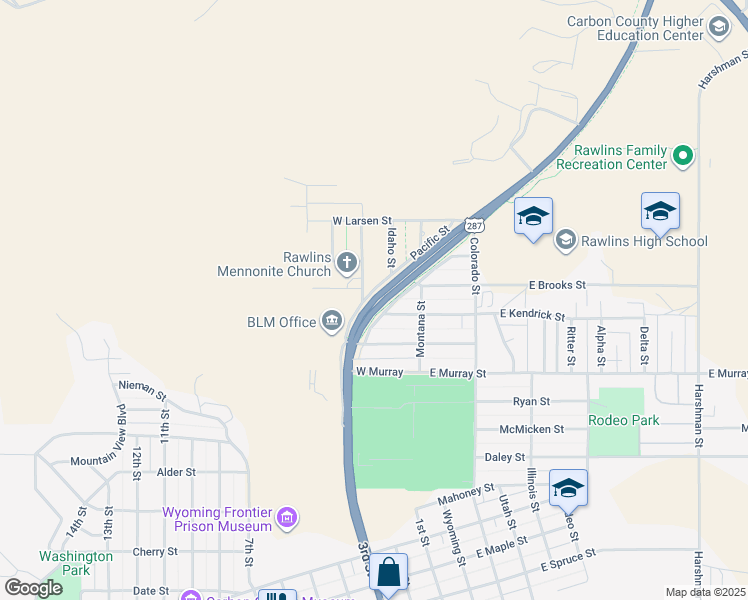 map of restaurants, bars, coffee shops, grocery stores, and more near 1300 3rd Street in Rawlins