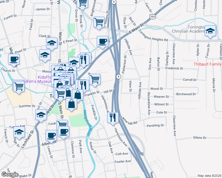 map of restaurants, bars, coffee shops, grocery stores, and more near 32 Hill Street in Torrington