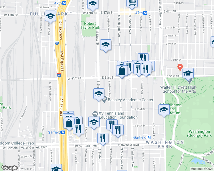 map of restaurants, bars, coffee shops, grocery stores, and more near 5130 South Wabash Avenue in Chicago