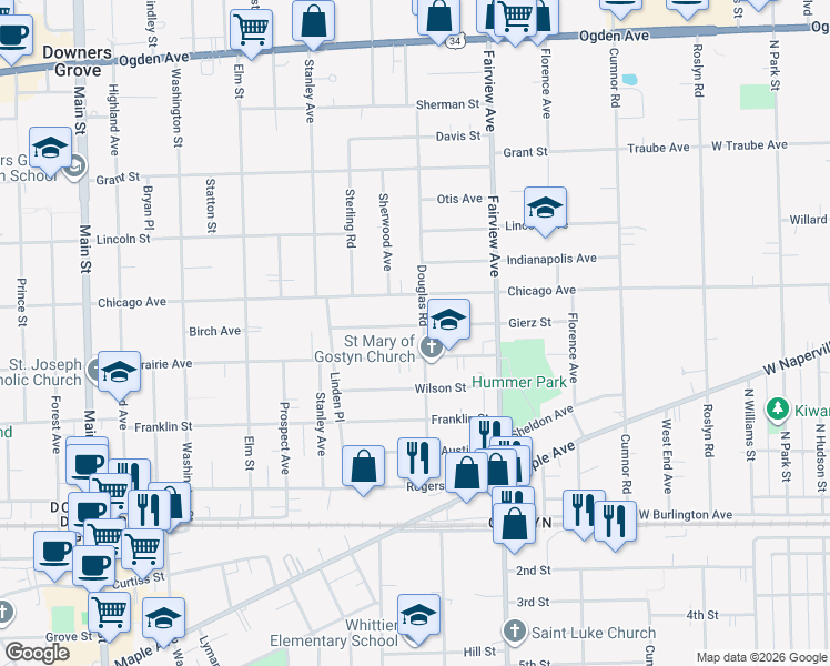 map of restaurants, bars, coffee shops, grocery stores, and more near 4737 Douglas Road in Downers Grove