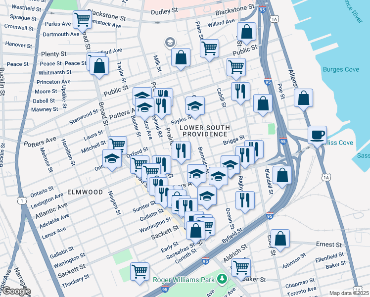 map of restaurants, bars, coffee shops, grocery stores, and more near 114 Harriet Street in Providence