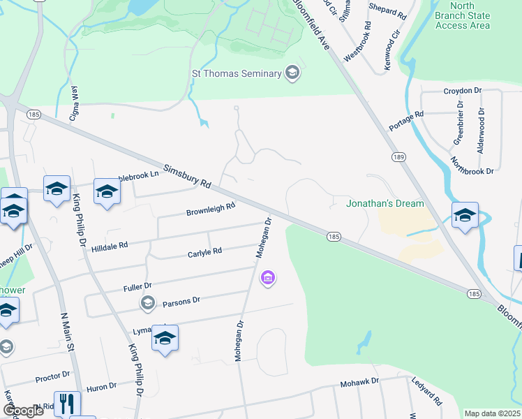 map of restaurants, bars, coffee shops, grocery stores, and more near 84 Timberwood Road in West Hartford