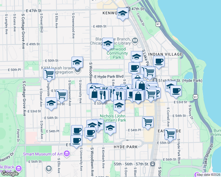 map of restaurants, bars, coffee shops, grocery stores, and more near 5140 South Kenwood Avenue in Chicago