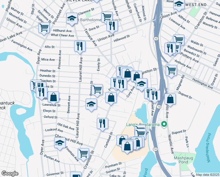 map of restaurants, bars, coffee shops, grocery stores, and more near 25 Birch Street in Cranston