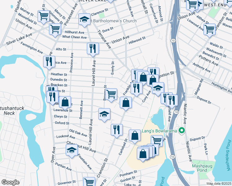 map of restaurants, bars, coffee shops, grocery stores, and more near 50 Birch Street in Cranston