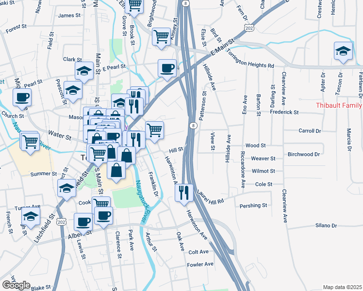 map of restaurants, bars, coffee shops, grocery stores, and more near 32 Hill Street in Torrington