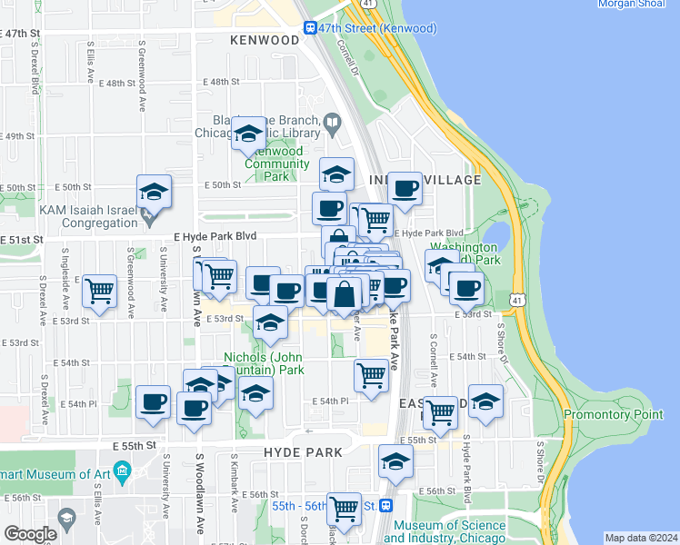 map of restaurants, bars, coffee shops, grocery stores, and more near 5210s South Harper Avenue in Chicago
