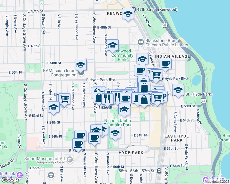 map of restaurants, bars, coffee shops, grocery stores, and more near 5210 South Kenwood Avenue in Chicago