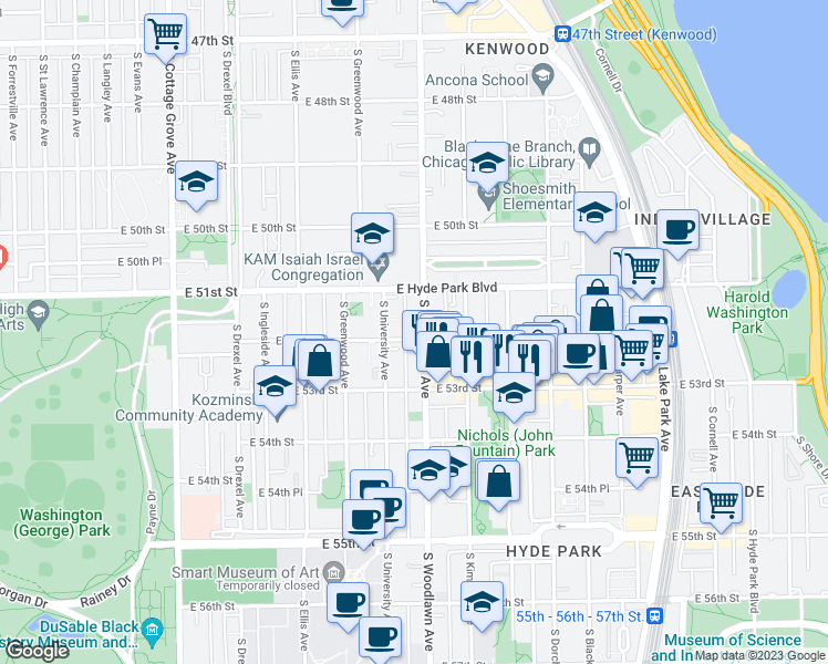 map of restaurants, bars, coffee shops, grocery stores, and more near 1204 East 53rd Street in Chicago