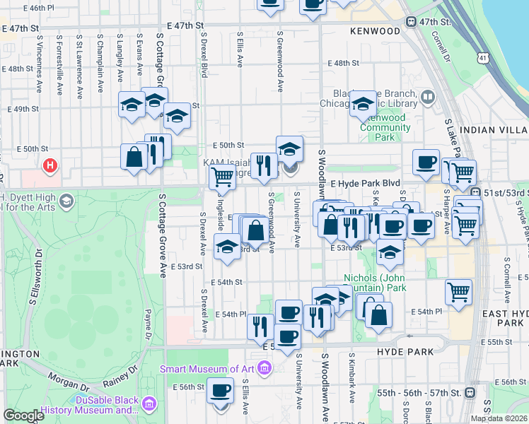 map of restaurants, bars, coffee shops, grocery stores, and more near 5208 South Greenwood Avenue in Chicago