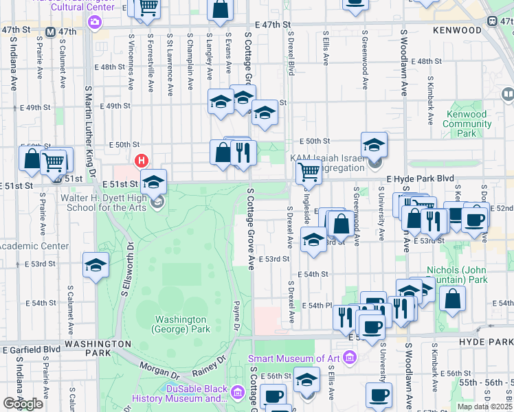 map of restaurants, bars, coffee shops, grocery stores, and more near 5155 South Cottage Grove Avenue in Chicago