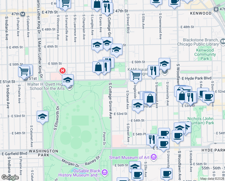 map of restaurants, bars, coffee shops, grocery stores, and more near 5155 South Cottage Grove Avenue in Chicago