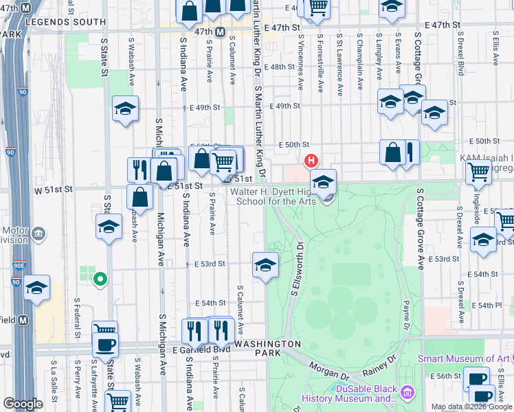 map of restaurants, bars, coffee shops, grocery stores, and more near 5200 South King Drive in Chicago