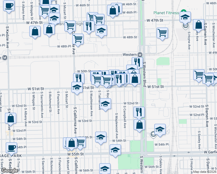 map of restaurants, bars, coffee shops, grocery stores, and more near 2547 West 51st Street in Chicago